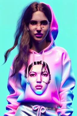 Ultra Realistic image, Rosalía artist, portrait, normal complexion, waist up portrait, long black eye line, sweet face, grunge t-shirt, inflatable hoodie, gold pink and blue style, spray glow make up, geometric led jewelry, fog, hot, inflatable style latex coat, vibrant color, highly detailed, art stations, concept art, smooth, unreal engine 5, god rays, ray tracing, RTX, lumen lighting, ultra detail, volumetric lighting, 3d, finely drawn, high definition, high resolution.