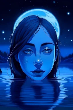 girl from the river, by night, moon in the sky, blue light from the water, diamond in her front, show her face and the diamond on her front