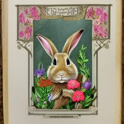 rabbit and Wonderful grimore with flowers, knowledge and fairy tale, style midjourney v4