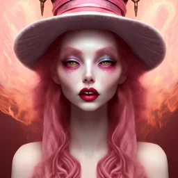 Beautiful pink witch made of fire with red eyes. Long curly wild pastel pink hair. Pink and red eyeshadow. Red lipstick. Pale skin with freckles and a round face. Big pink witch hat.