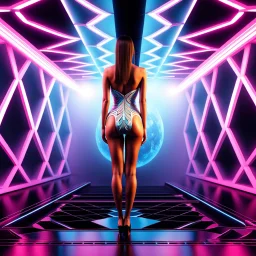 si fi a 3d recursive fractal environment color and light an extra beautiful supper modern girl wearing especial modern clothing gracefully posing full body shot