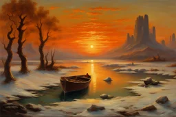 Amazing wonderful sunset, ice, cosmic fantasy winter, epic, vegetations, mountains, sci-fi movies influence, pieter franciscus dierckx, and charles leickert impressionism paintings