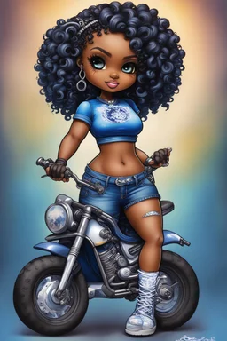 create an airbrush illustration of a chibi cartoon voluptuous black female wearing a blue jean outfit with a tie dye tshirt with biker boots. Prominent make up with hazel eyes. Extremely highly detail of a tight curly black bantu knots. Background of a bike show