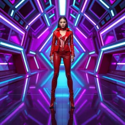 A sleek sci-fi portrait of a model in bold red attire standing in a high-tech terminal. The background features intricate glowing neon panels in violet and cyan. Architectural geometric lines create a sense of depth, with a polished, reflective floor enhancing the high-tech aesthetic. Sharp focus, vibrant color palette, digital art style.