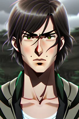 Realistic illustration of Eren Yeagar from Attack On Titan anime, in his 20s, shoulder-length hair, green eyes, wheat-colored skin, black long cardigan, gray t-shirt, black pants, black shoes