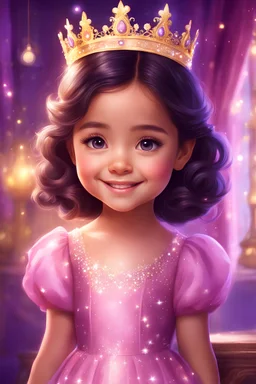 Digital painting of a beautiful little girl in a gorgeous pink dress, front view, Agnes face, smile, shiny crown, dark hair, glowing eyes, cute face, adorable cute girl, cozy room in purple and yellow in the background, sparkles, Disney art, digital painting style, high quality, 4k