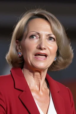 A preety woman in her early 50s having a presidential speech in front of a huge building