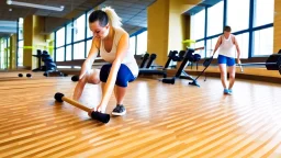 woman makes wood floor dirty in public fitness center