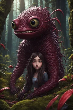 Rare parasite creature holding a girl meanwhile many worms streaming from his eyes in the forest, fullbody, macro photography, darkred tones,high detailed, 3d pixar disney the cinematic FKAA, TXAA, and RTX graphics technology employed for stunning detail.