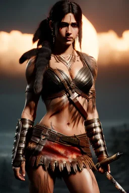 Barbarian character, animal hide armor, physically fit, tribal tattoos, scars, washboard abs, red facepaint, dark eyeshadow, intricate eyeliner, soft round eyes, beads in hair, 8k resolution, cinematic smooth, intricate details, vibrant colors, realistic details, masterpiece, oil on canvas, smokey background