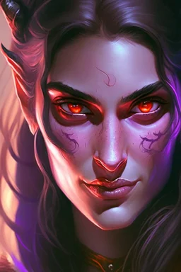 purple skin, glowing fiery eyes, smirk, soft female face, beautiful, graceful