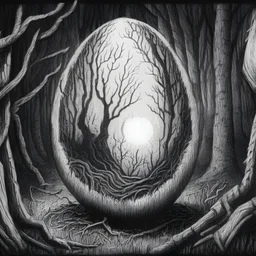 once upon a time in a distant egg garden hidden in the dark forest of loneliness and the fringe, an egg on the center of the scene was struggling to break and open. Impressionistic style, sketch drawing, horror. Black and white lines rich deep colors, painting, intricate artwork, detailed, in the style of T Allen Lawson and Ian Fisher and Sidney Richard