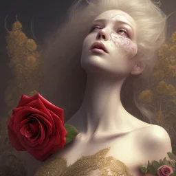 woman lying on satin pilow with closed eyes and cobwebs on face, hands crossed on chest holding roses, 8k, high-quality, fine-detail, intricate, sharp, crisp, digital art, detailed matte, illustration, octane render, brian froud, howard lyon, Anne Dittman, Anne Stokes, Lisa Parker, Selina French