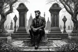 Man sitting a front of solo grave of Cemetery in 8k tattoo drawing style, intricate details, highly detailed, high details, detailed portrait, masterpiece,ultra detailed, ultra quality