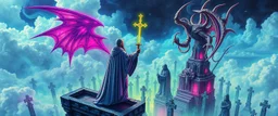 Epic portrait of most holy paladin vs demi-lich in tower cemetery in the style of Giger and Escher in Transparent Psychedelic Fluorescent Colors looking like a Record Cover, multidimensional depth of field, airbrush pen outline, on top of tower, seen from the clouds