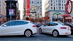 A Tesla's 'Model S Plaid' is parked, over the 'Pier 39', in San Francisco. CINEMATIC. WIDE ANGLE LENS.