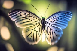 diaphanous transparent light butterfly with glowing center on dark grey leaves, ethereal, otherwordly, cinematic postprocessing, bokeh, dof