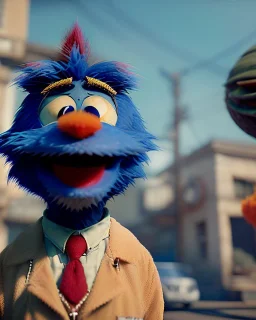 hybrid character, Sesame Street muppet head with body man, police dress, Wes Anderson style, concept art, smooth, unreal engine 5, god lights, ray tracing, RTX, lumen lighting, ultra detail, volumetric lighting, 3d.