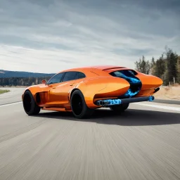 award winning car and driver photograph of a futuristic station wagon fighter-jet hybrid designed by only one vehicle per image painted metallic orange traveling at a high rate of speed, jet intake off of front center of vehicle and jet exhaust out the rear with bright blue flame, bilaterally symetrical, more a high speed road vehicle