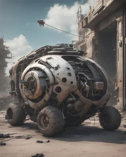 Futuristic vehicle covered with front gull door body made with engine parts and wires dysoptia cyberage HAWKEN postapocalyptic dysoptia scene photorealistic uhd 8k VRAY highly detailed HDR