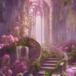 8K realistic dreamscape with magical pastel colored castle, Cascades of bright flowers, majestic, intricate, masterpiece, insanely detailed, cinematic smooth, intricate details , soft smooth lighting, soft smooth pastel colors, iridescent accents