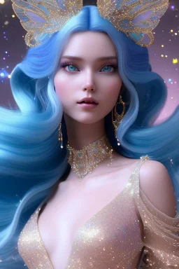 woman glitter blue fairy in a galactic ambiance, long blue hair, detailed gorgeous smile, delicate colors in the foreground, full of details, smooth, light effect，vaporwave colorful, smooth, extremely sharp detail, finely tuned detail, ultra high definition, 8 k, unreal engine 5, ultra sharpBeautyful smiling young woman, long hair amazing blue eyes, flowers, happy cosmic, bright colors, blue, pink, gold, jewels, realistic, photo real, clear sunny background, highly detailed, high contrast, 8k 