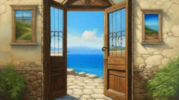 Painting depicting an open door leading to a serene ocean view. The layout features a symmetrical composition, with two Corten steel doors flanking the scene, each adorned with metal snakes and rustic textures. Behind the doors, a cobblestone courtyard leads to a low stone wall where a woman sits. Beyond the wall, the ocean stretches out under a brilliant blue sky dotted with fluffy white clouds. The essence of a coastal retreat.