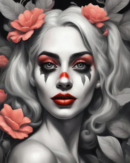 harley quinn A digital painting illustration in a surrealistic style depicts a close-up view of a woman's face, shown from a right angle. The face is rendered in a grayscale palette with a smooth, porcelain-like skin tone, contrasted by glossy, coral-colored lips slightly parted. Her eyes are obscured by an elaborate arrangement of flowers and foliage, creating a balanced and harmonious composition. The floral crown consists of large anemone-like flowers in shades of red, white, and pink, with