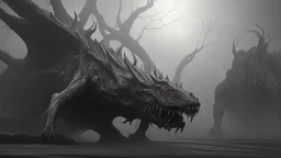 The described image presents an extremely horrifying scene with grayscale colors dominating the picture, creating a dark and eerie atmosphere. In this context, there is a massive, monstrous creature positioned prominently in the foreground of the image. This monster appears to be mythical and intensely frightening, characterized by its terrifying features and its colossal, imposing body that exudes immense power. When one looks at this monster, its face and eyes exhibit horrifying details, seem