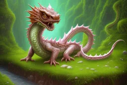 beautiful volumetric lush landscape environment and background, extreme macro close-up portrait of a single isolated cute chinese baby dragon sitting on a stone within a highland streamlet, ripples, anime, medieval, realistic oil painting, spindrift, translucence, highly detailed, small minutiae, tiny features, particulars, sharp lines, realistic shaded volumetric lighting, spume, 8k, uhd, zoom on dragon, concept and art by sam curry