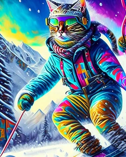 Hermosa Pintura coloreada arte graffiti de un gato antropomorfico con traje de esquiador, esquiando en la nieve, calidad ultra, hiperdetallado,12k