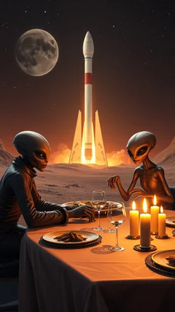 Elan musk and 3 aliens sitting on table having a dinner on Mars , in the background spaceX rocket