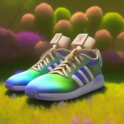 pixar style, volumetric summer garden environment and background, realistic painting of adidas sneaker, looking excited, volumetric lighting, dramatic lighting, detailed digital painting, anime, ornate, colour-saturated colors, chaotic, small minutiae, tiny features, particulars, centered, smooth, sharp focus, renderman gofur render, 8k, uhd, detailed eyes, realistic shaded volumetric lighting, sunlight caustics, backlight, centered camera view