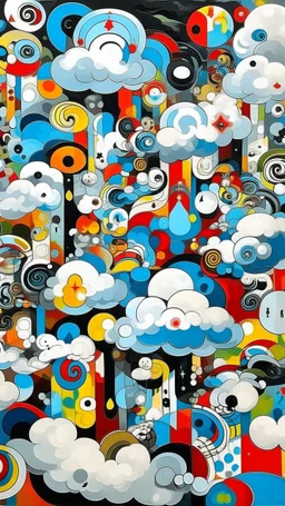 A white cloudy sky with icy music notes designed in Matryoshka dolls painted by Wassily Kandinsky