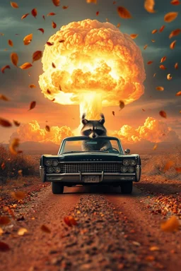 foreground with many falling leaves, behind is a nuclear explosion's mushroom cloud that looks more like a tree in fall, with explosion radiating outward, many leaves falling in foreground, ground is dirt and scorched with a road coming down the middle towards viewer, on the road facing towards below the viewer is a black 1962 Lincoln Continental with the roof down and a driving is a giant racoon, angelic fantastic lighting