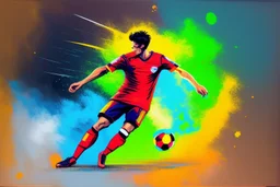 Oil painting, full body of a soccer player, he is kicking the ball, the ball is flying, bright but not neon colours, dynamic lines, dynamic blobs, spots, lines in the background of the character, splash like a colour explosion