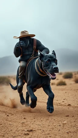 A gorilla with cowboy hat riding on a Great Dane black dog running in the desert , a cloudy foggy wether in the background