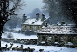 Vintage image of Snow falling heavily in the Cotswald area of England. A stone cottage with smoke coming out of the chimney. Surrounded by stone fences. In the background a startled group of deer look this way. A thick forest behind them.