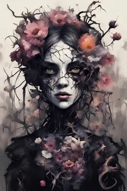 • Romantisisme Surealistik Gelap,gadis cantik gothic (potret gadis cantik berwajah yang mengenakan tanaman merambat mati yang rumit dengan bunga musim semi sebagai gaun), (busuk dan menyeramkan), tanaman merambat dan dahan, atmosfer, musim semi, ( Neo-ekspresionisme), grafiti××, (velove:1.2), ilustrasi seni konsep, seni kesalahan, koheren, (asya s:1.4), (Velove:1.4), (danyang s danyang:1.2). Impresionisme, makro lens and fotografi,pose dinamis duduk di tanah kering