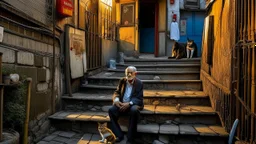 A dead‑end alley in a working‑class Istanbul neighborhood. Gray stone walls, exterior stairs. A rug hung out to beat. A tabby cat stares at camera. An elderly mustached man smokes in a folding chair. Golden sunset. Warm‑colored acrylic (Nevhiz Tanyeli)