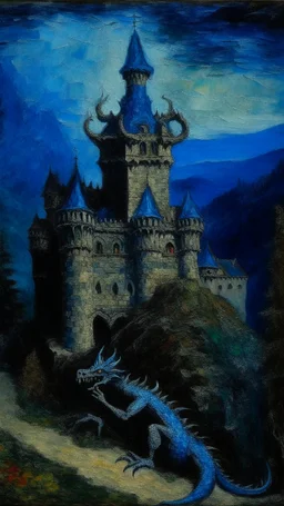 A dark blue castle with a benevolent dragon guarding it painted by Claude Monet