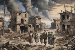 A realistic painting of families returning to their town after a war destroyed almost everything. The houses are bombed and in ruins and the people are very depressed.