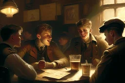 Smoky pub, cheerful young men drinking around a table, a policeman looking thoughtfully at the ID card of one of the boys, lamplight