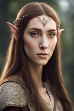 young elven woman with an ordinary face, short brown hair and brown eyes, wearing simple commoner dress