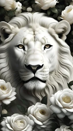 realistic white lion in white roses
