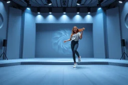 modern stage with gray-blue theme artistic decoration , color full dynamic lighting, a beautiful lady in pants and blouse with sport shoes dancing, 3D recursive fractal structure animating background