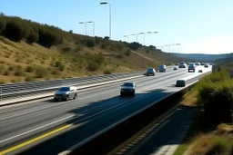 blank billboard, on a Spanish highway, numerous cars driving on the road, front view, real photography, 16K