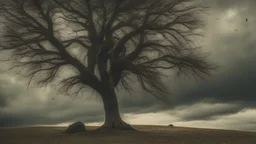 LUMPED HILL CULTIVATED WITH WHEAT WITH A DRY TREE, ON A DARK DAY WITH THREATENING CLOUDS, IN MEDIUM SHOT AND HDR LIGHTING, 4K, SOME CROWS ARE POSTING ON THE TREE AND SOME COWS GRAZE ON THE GROUND, MELANCHOLIC ATMOSPHERE