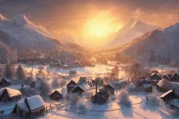 highly detailed small village scene, sunrise, illustration, background snowy mountains, cinematic lighting, 4k, 8k, octane render, digital concept art, trending on artstation, pinterest, extremely detailed, ambient lighting.