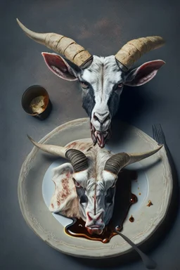 cursed meal with a goat head and a cow head, photorealistic image, goat head laying on a plate, served with some nice seasoning